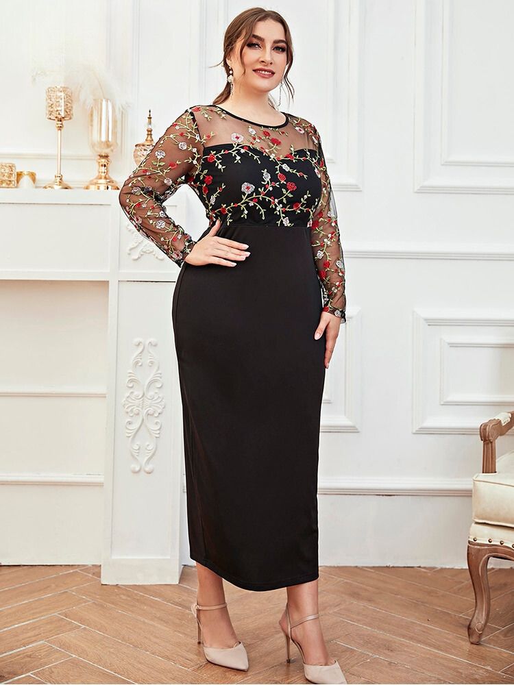 Elegant Plus Size Rear Slit Dress Embroidery Patchwork, O Neck