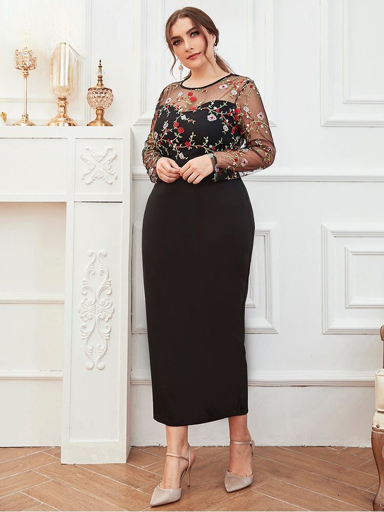 Elegant Plus Size Rear Slit Dress Embroidery Patchwork, O Neck