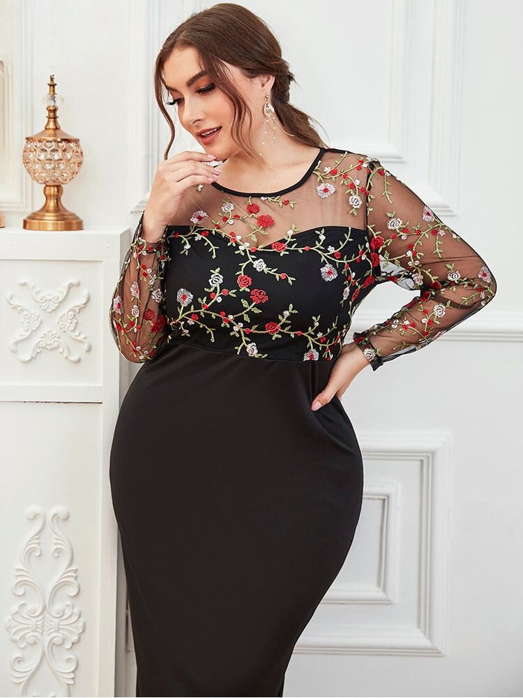 Elegant Plus Size Rear Slit Dress Embroidery Patchwork, O Neck