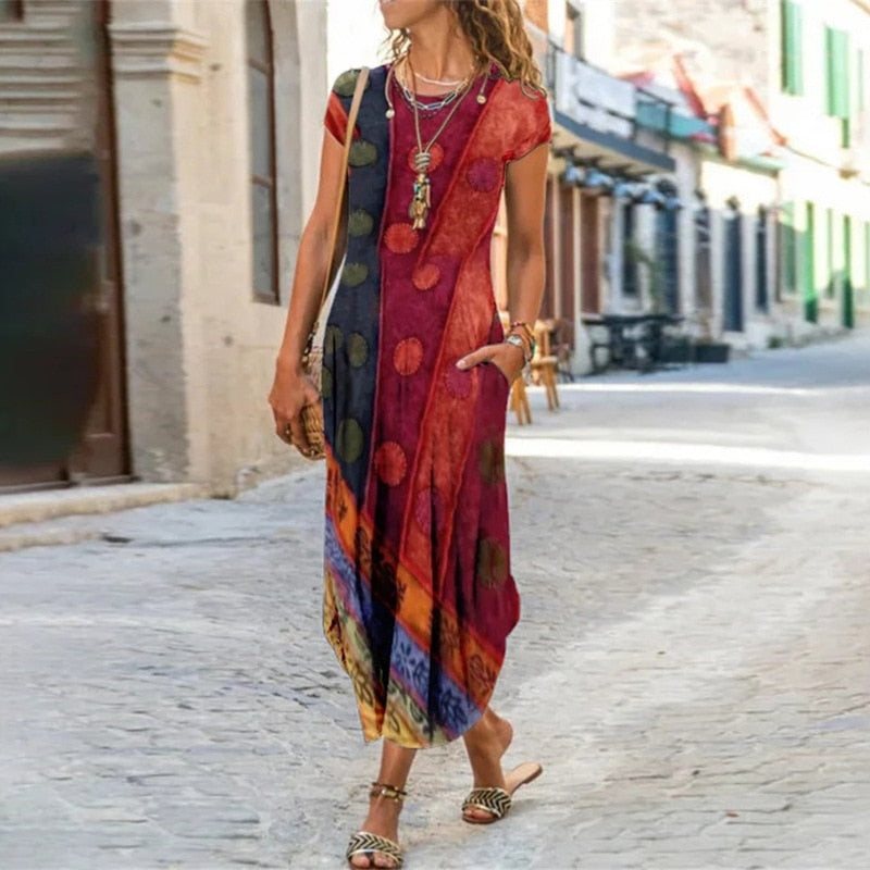 Floral Print Summer Dress Short Sleeve Bohemian Long Dress for Women