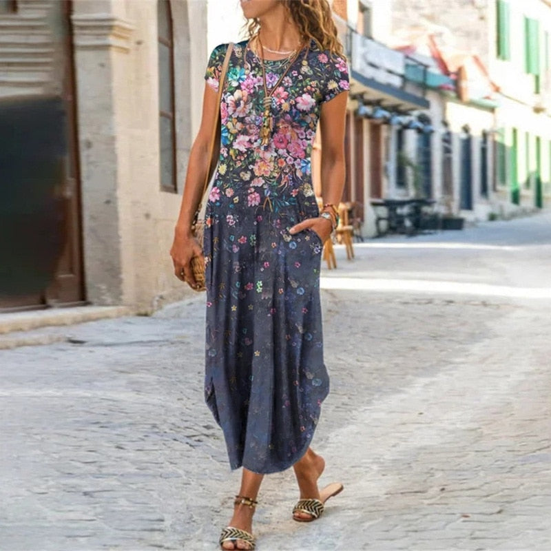 Floral Print Summer Dress Short Sleeve Bohemian Long Dress for Women