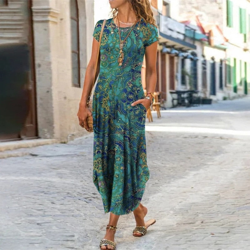 Floral Print Summer Dress Short Sleeve Bohemian Long Dress for Women