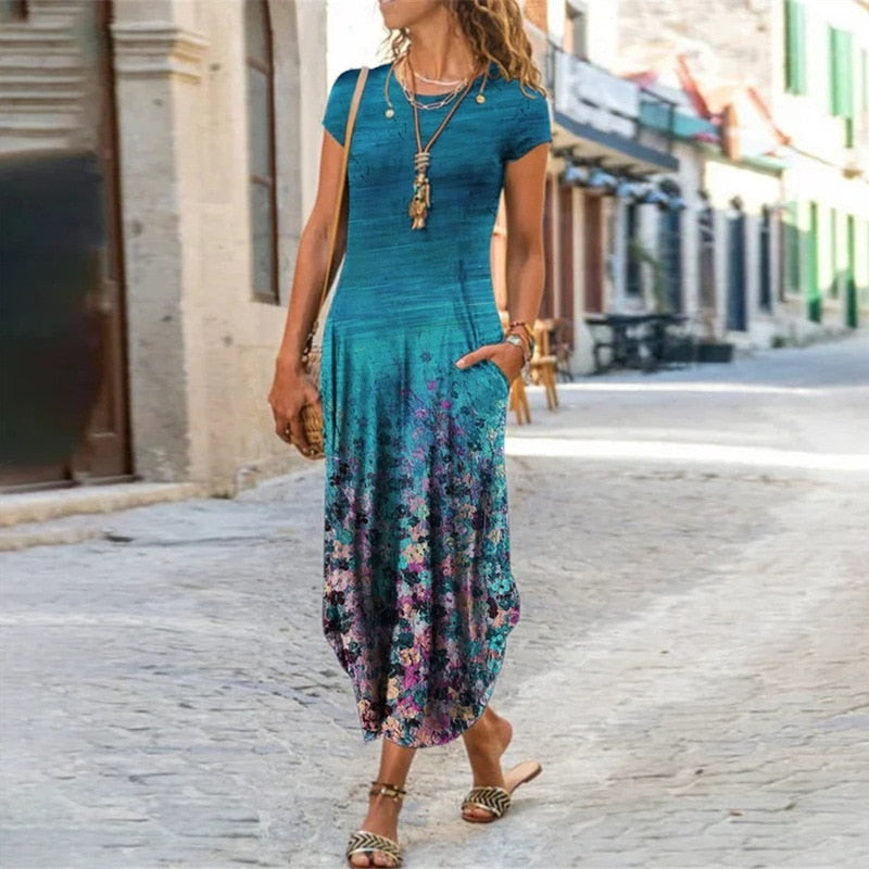Floral Print Summer Dress Short Sleeve Bohemian Long Dress for Women