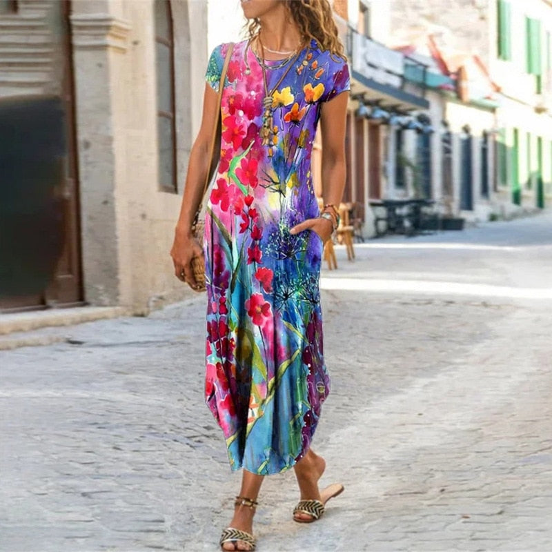 Floral Print Summer Dress Short Sleeve Bohemian Long Dress for Women