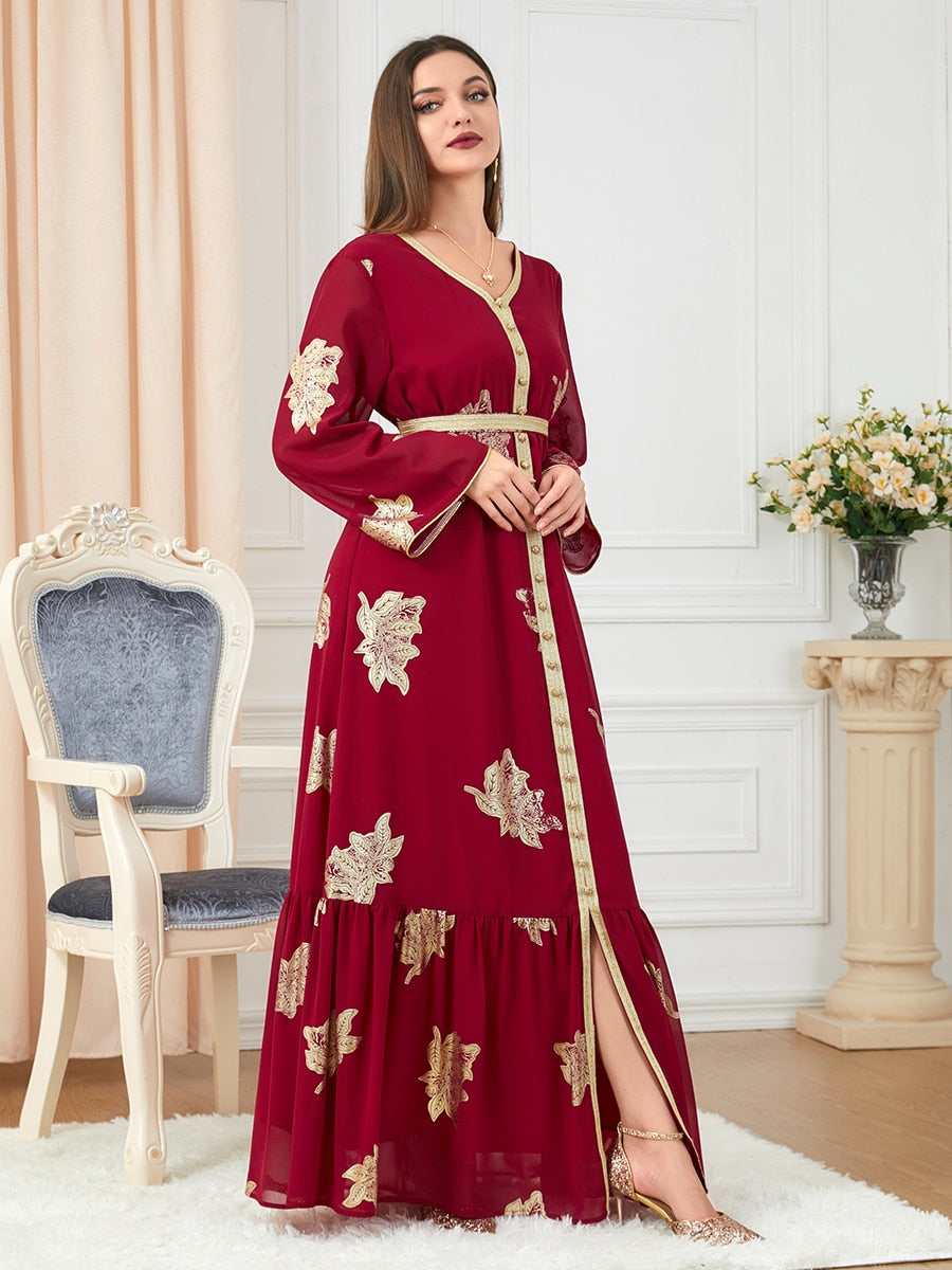 Dubai Printed Abaya Long Sleeve V-Neck Kaftan Dress with Belt