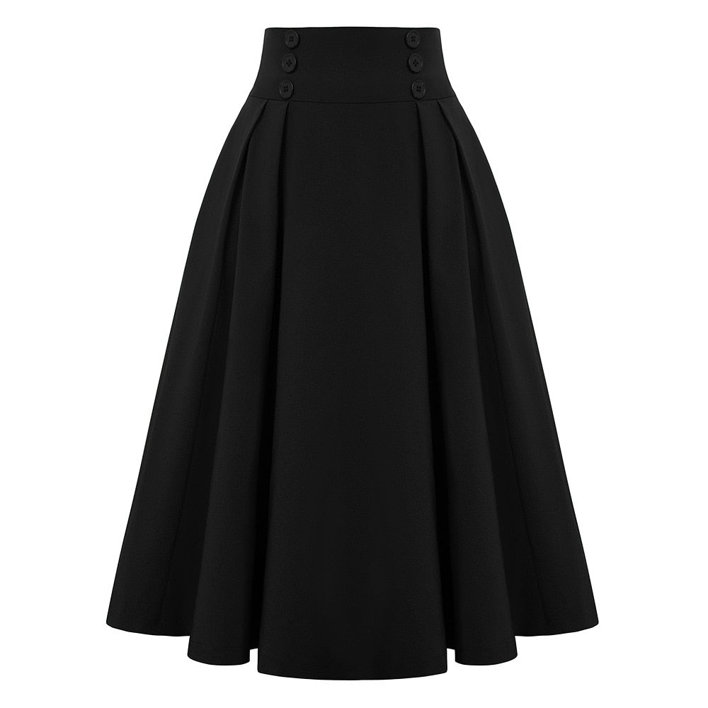 Vintage High Waist Midi Skirt Solid Color with Button Details