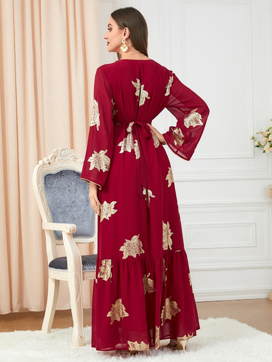 Dubai Printed Abaya Long Sleeve V-Neck Kaftan Dress with Belt