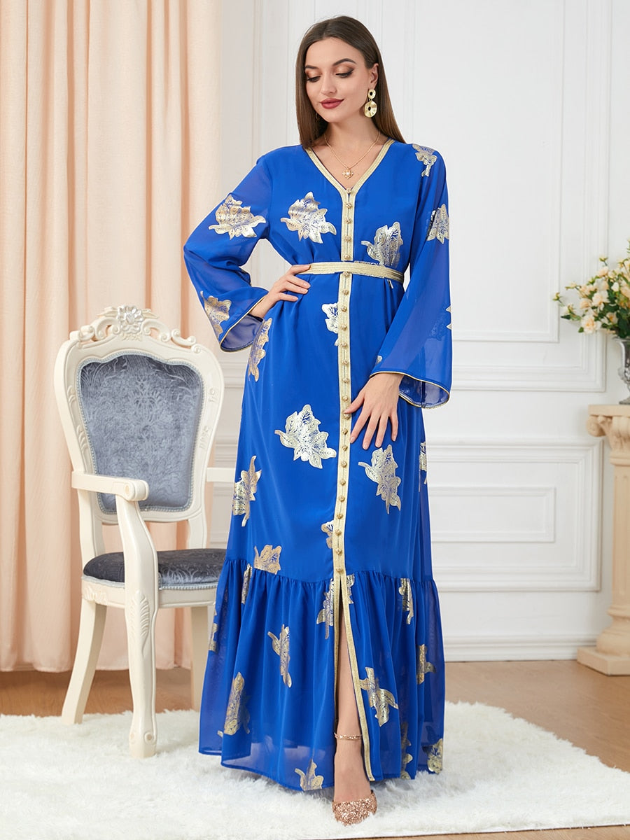 Dubai Printed Abaya Long Sleeve V-Neck Kaftan Dress with Belt