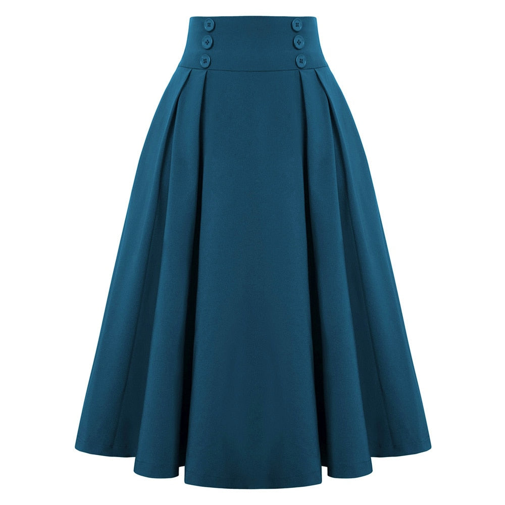 Vintage High Waist Midi Skirt Solid Color with Button Details