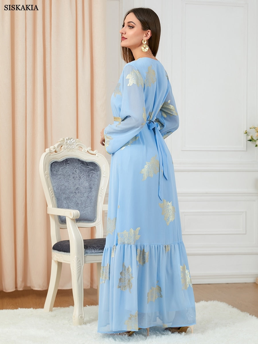 Dubai Printed Abaya Long Sleeve V-Neck Kaftan Dress with Belt