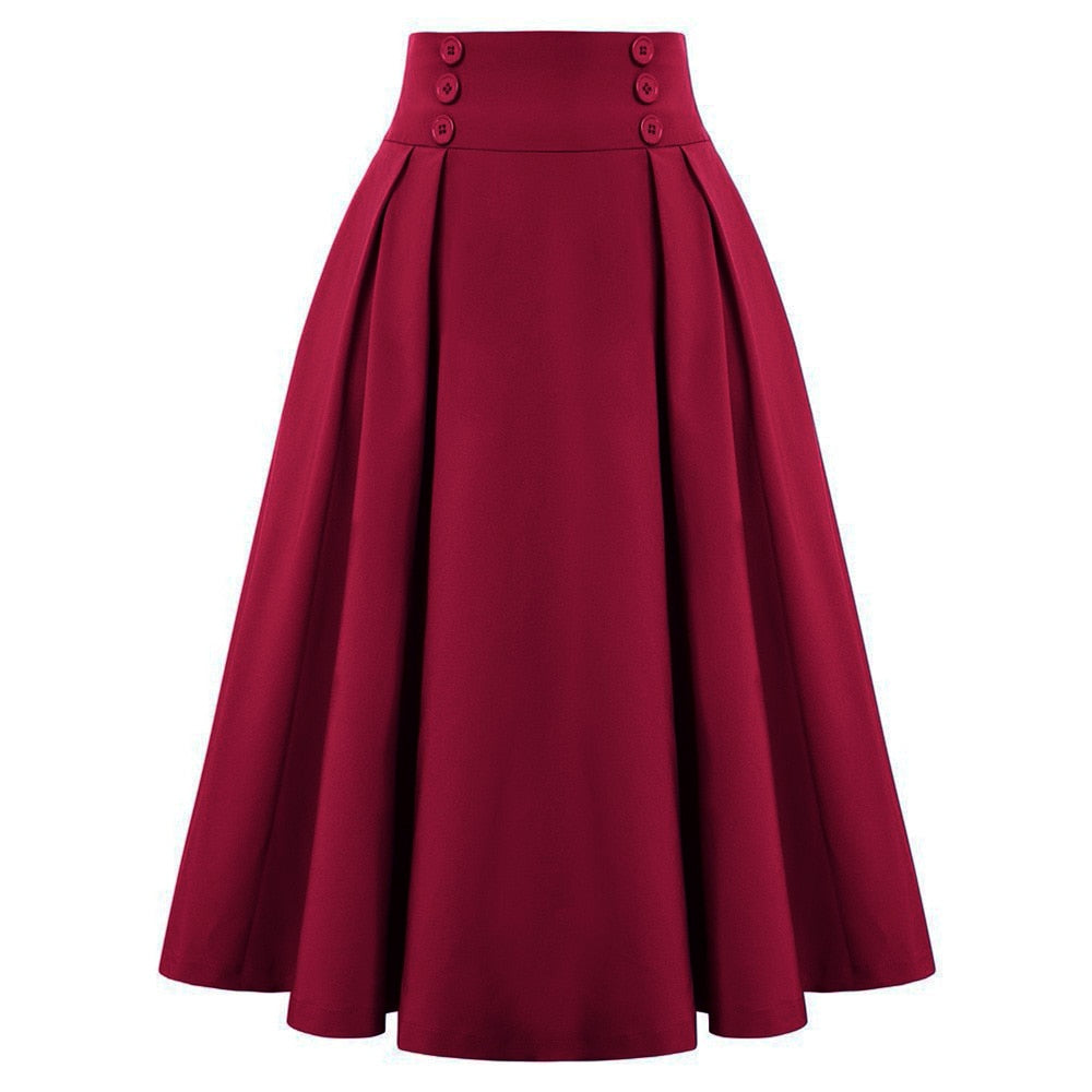 Vintage High Waist Midi Skirt Solid Color with Button Details