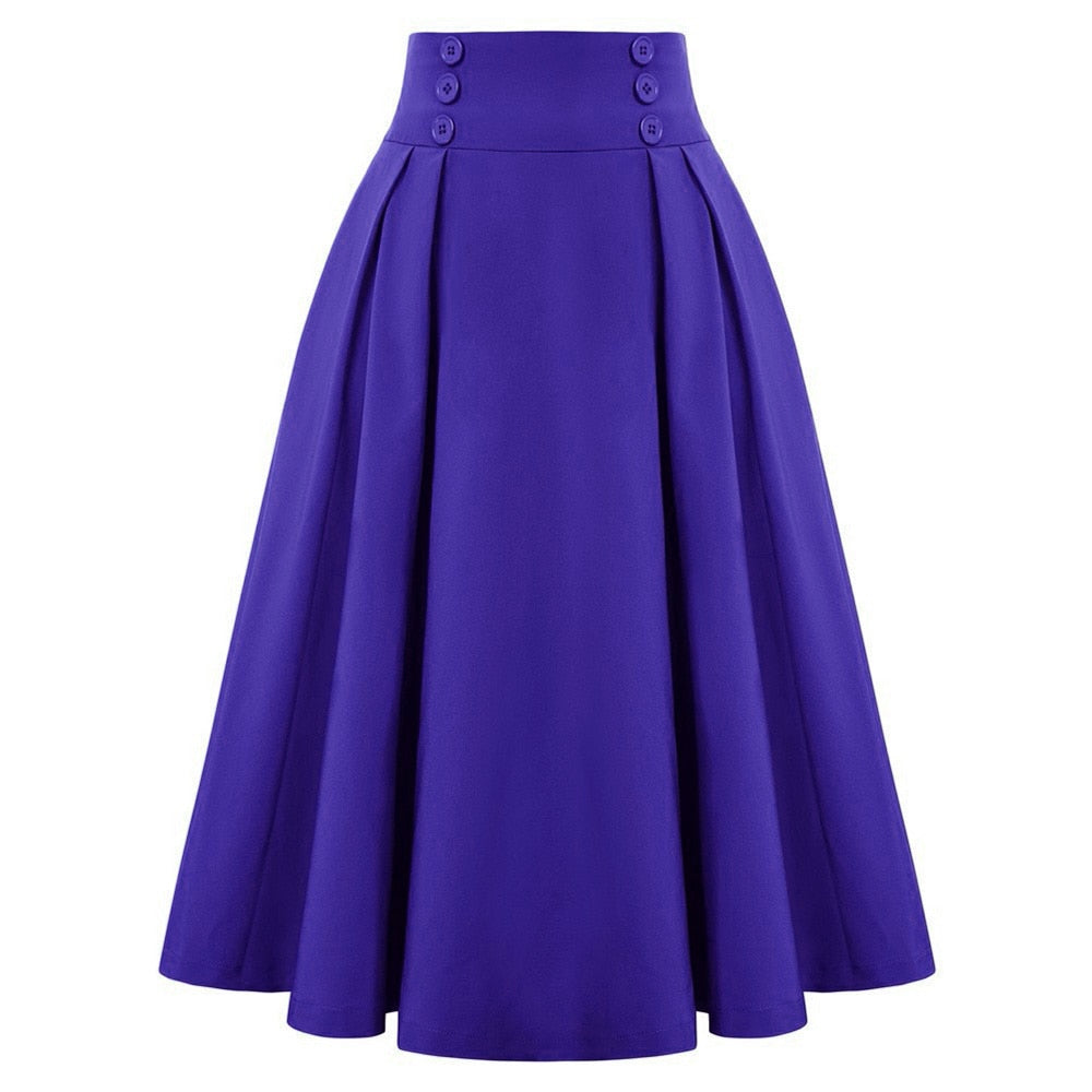 Vintage High Waist Midi Skirt Solid Color with Button Details