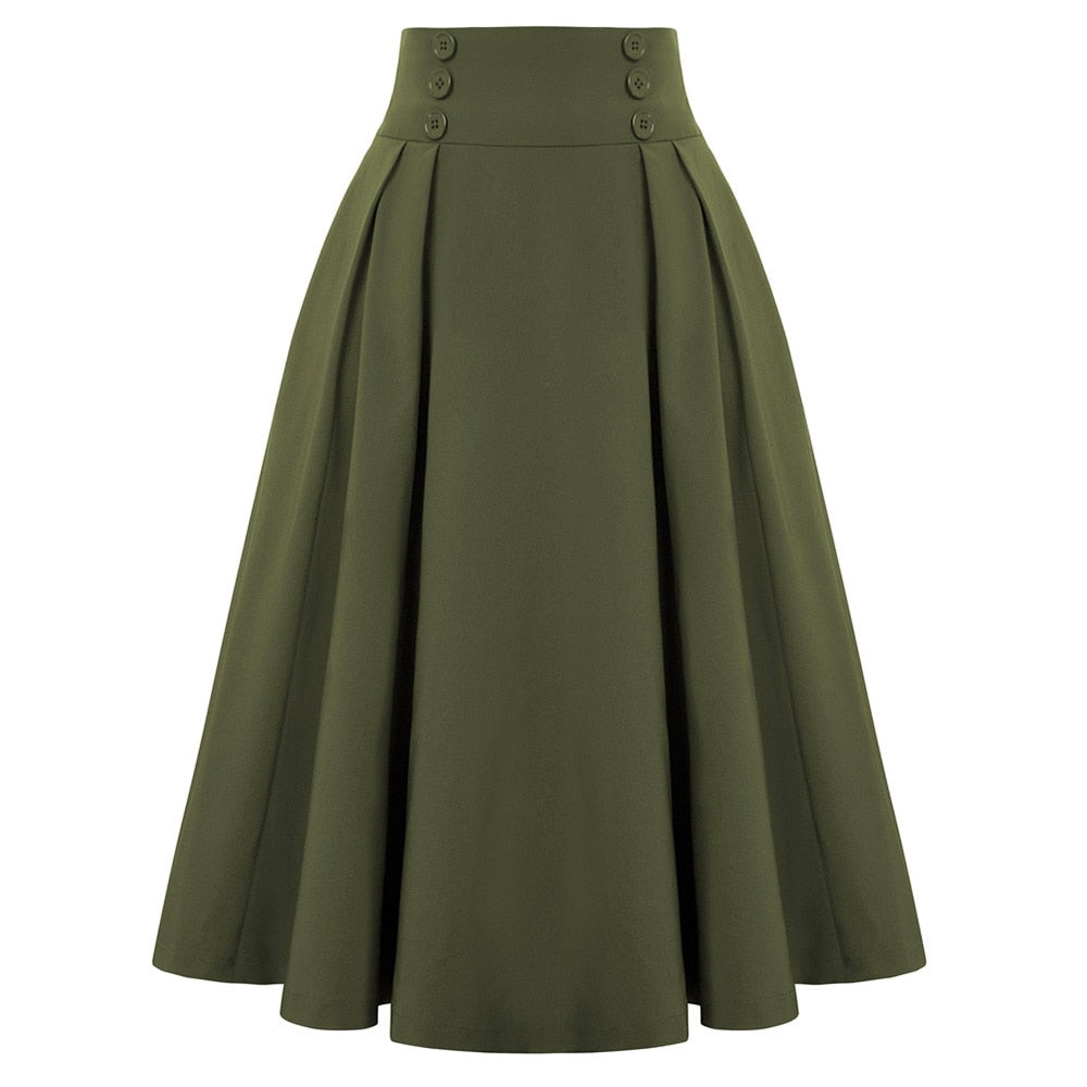 Vintage High Waist Midi Skirt Solid Color with Button Details