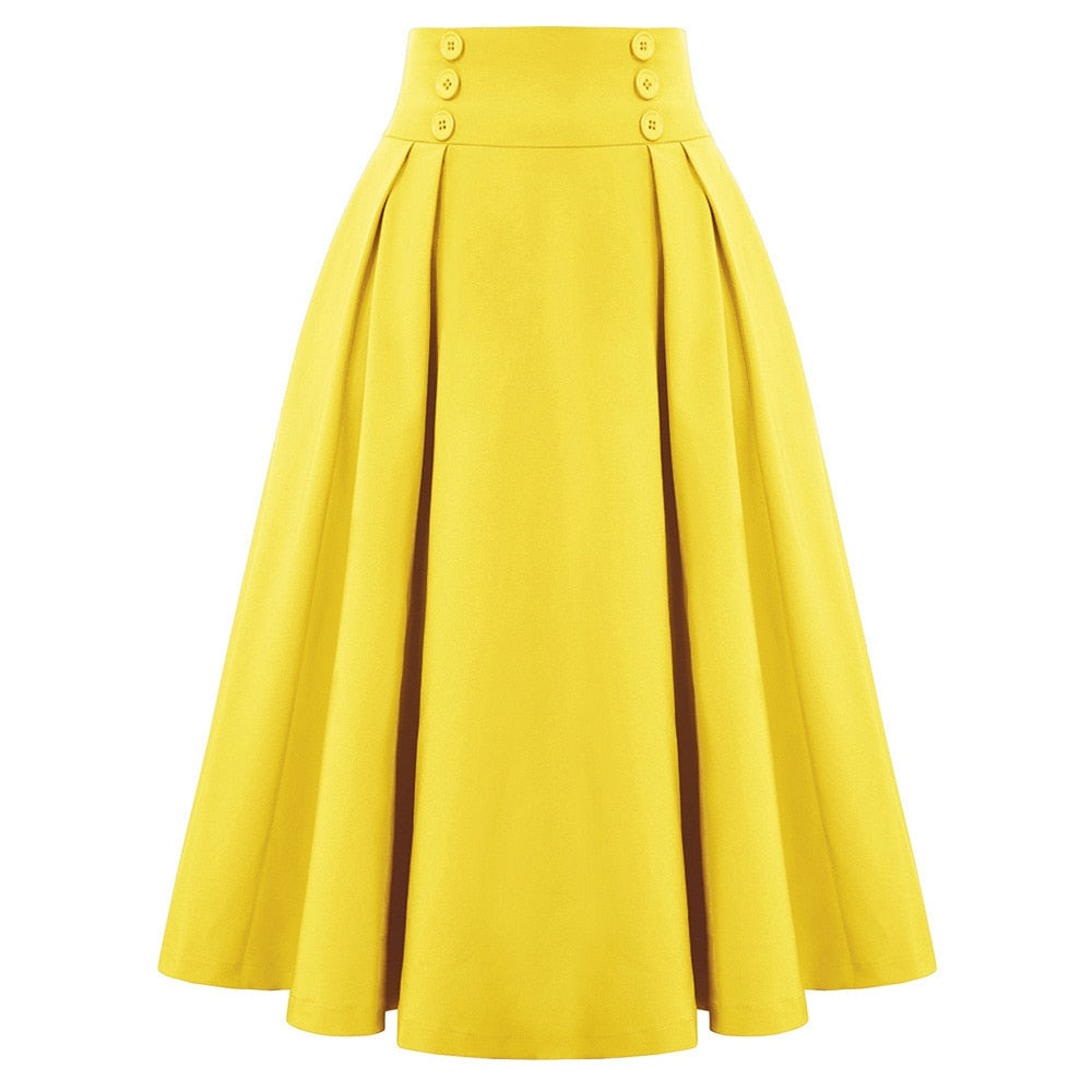 Vintage High Waist Midi Skirt Solid Color with Button Details