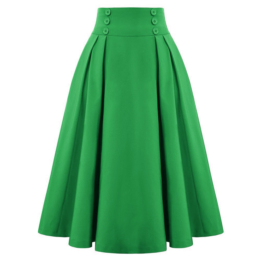 Vintage High Waist Midi Skirt Solid Color with Button Details