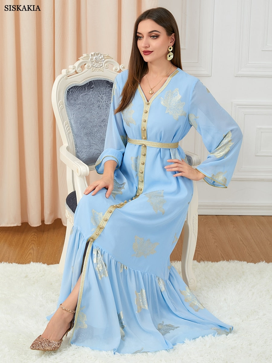 Dubai Printed Abaya Long Sleeve V-Neck Kaftan Dress with Belt
