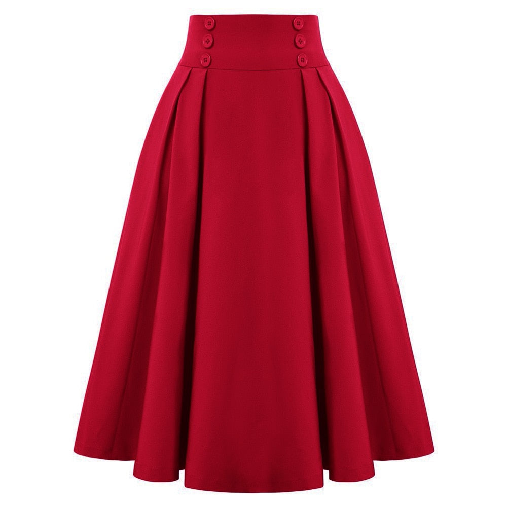 Vintage High Waist Midi Skirt Solid Color with Button Details
