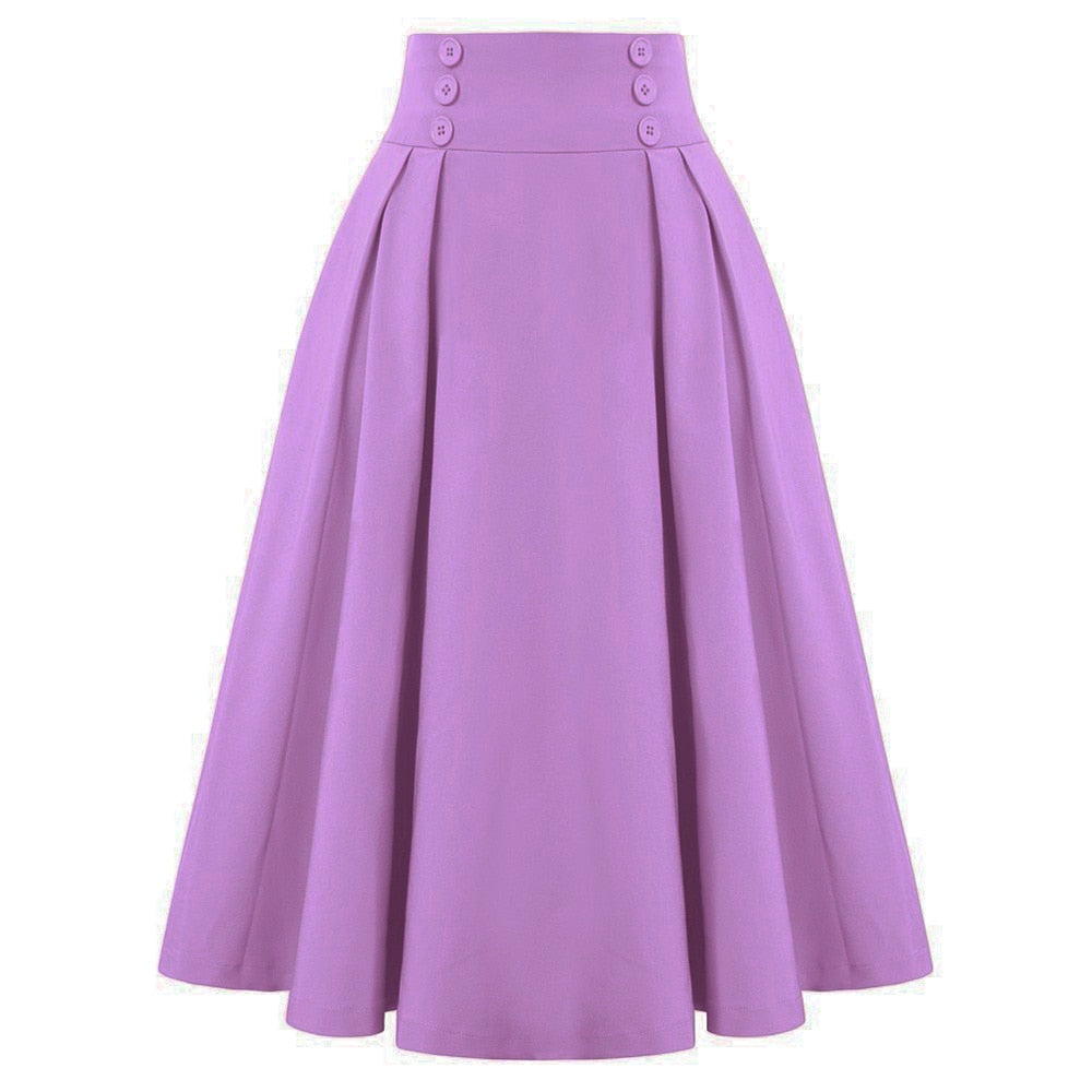 Vintage High Waist Midi Skirt Solid Color with Button Details