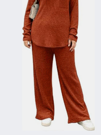 Plus Size Round Neck Long Sleeve Top and Pants Set