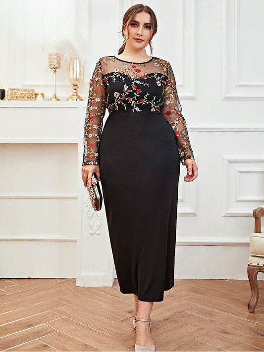 Elegant Plus Size Rear Slit Dress Embroidery Patchwork, O Neck - Elegant Plus Size Rear Slit Dress Embroidery Patchwork, O Neck