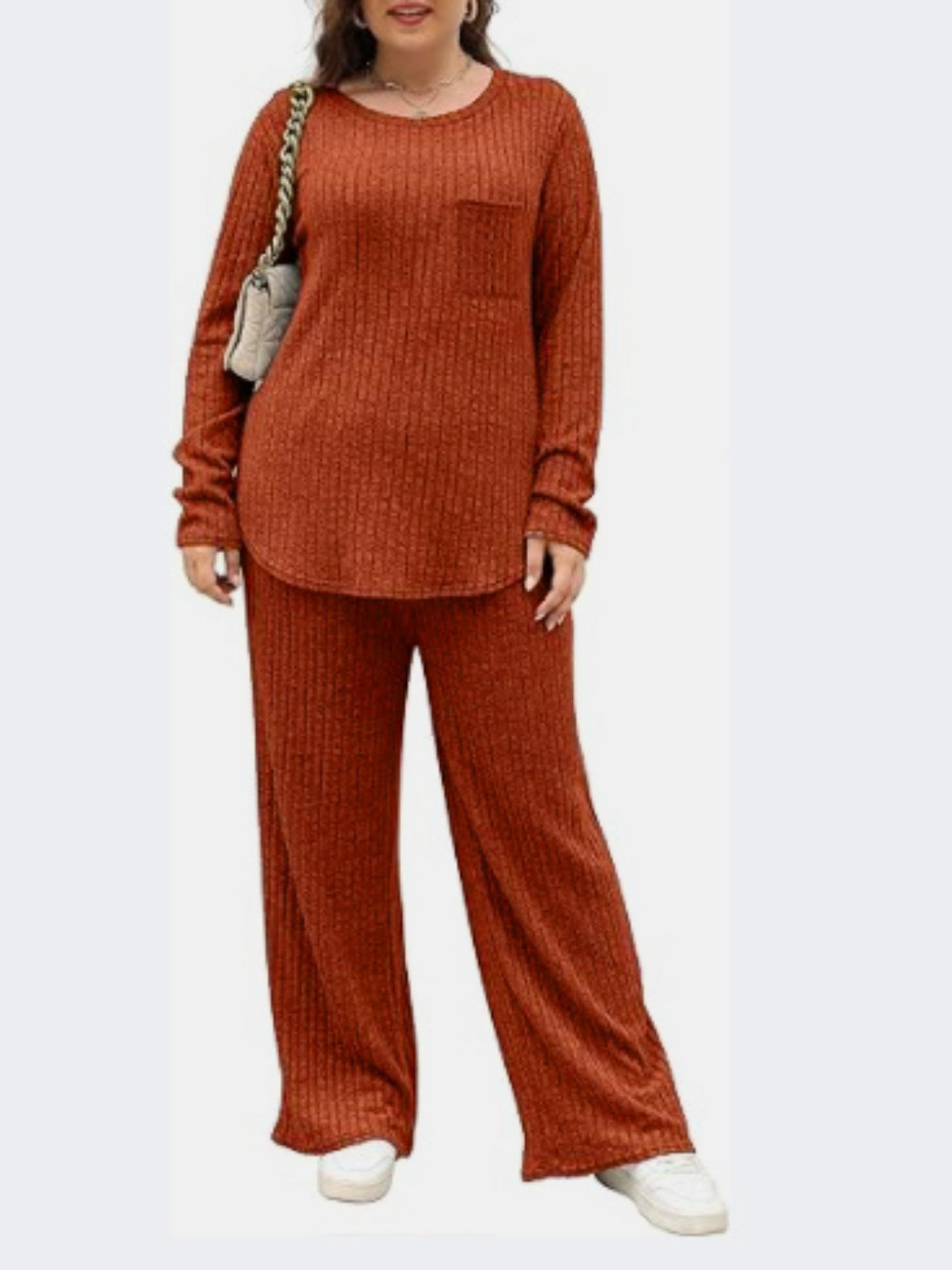 Plus Size Round Neck Long Sleeve Top and Pants Set