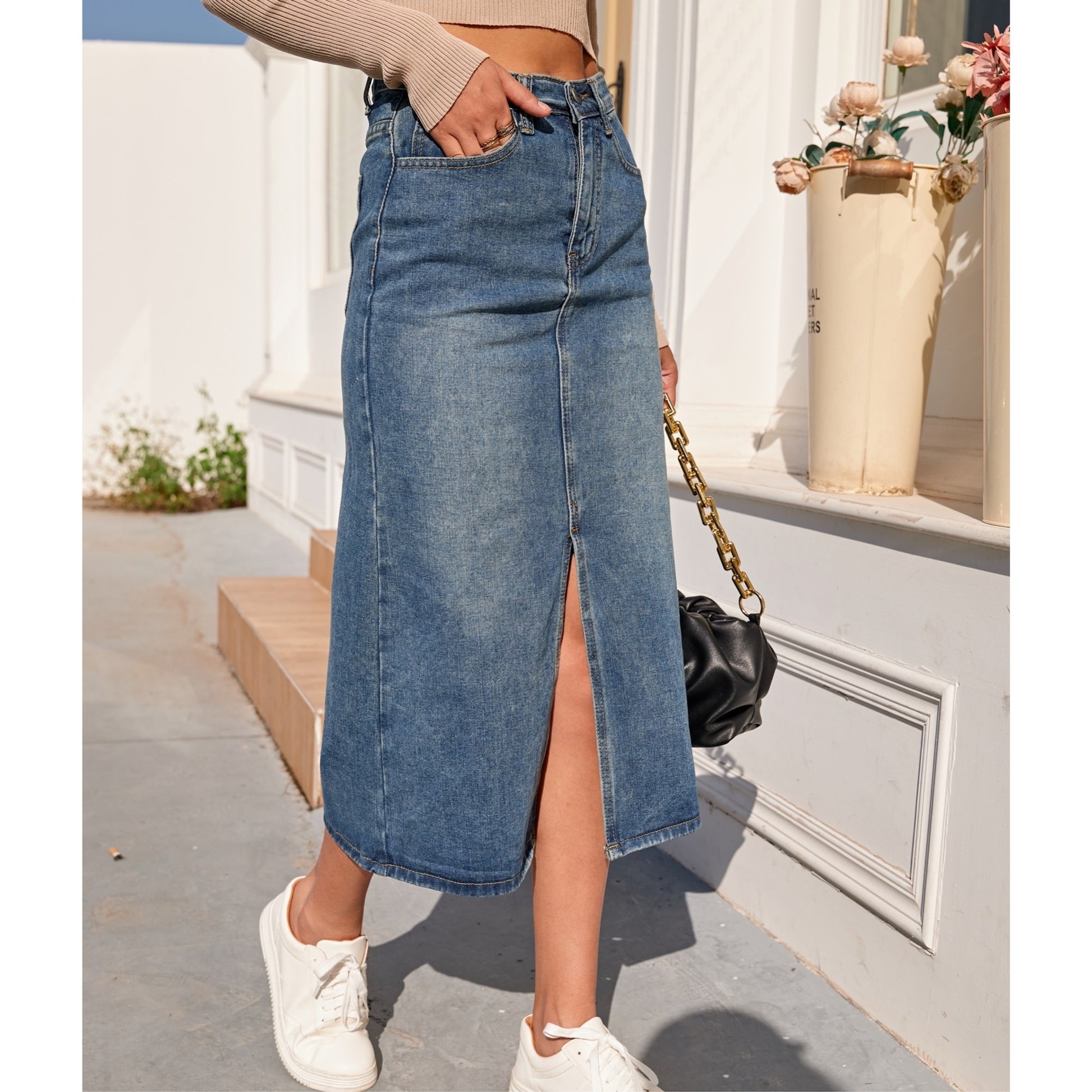 New Vintage High Waist Denim Skirt Long Straight Pencil Style