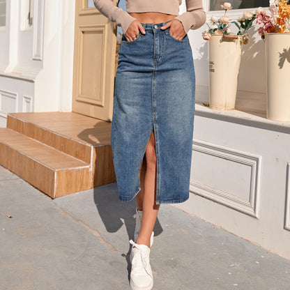 New Vintage High Waist Denim Skirt Long Straight Pencil Style