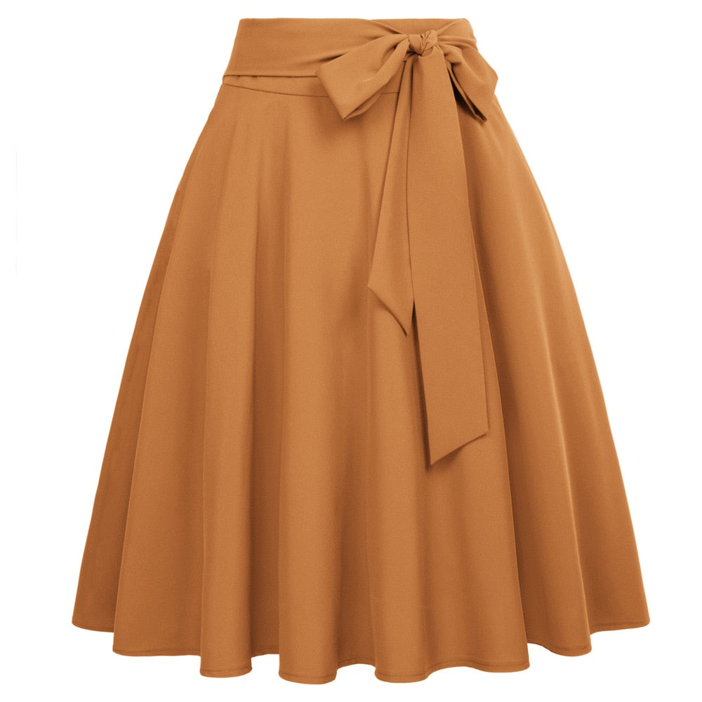 High Waist A-Line Midi Skirt Retro Flared Office Workwear