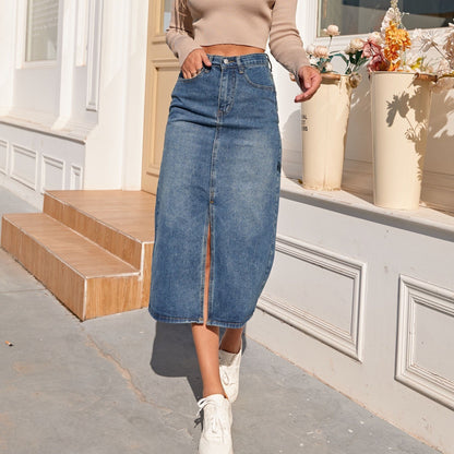 New Vintage High Waist Denim Skirt Long Straight Pencil Style