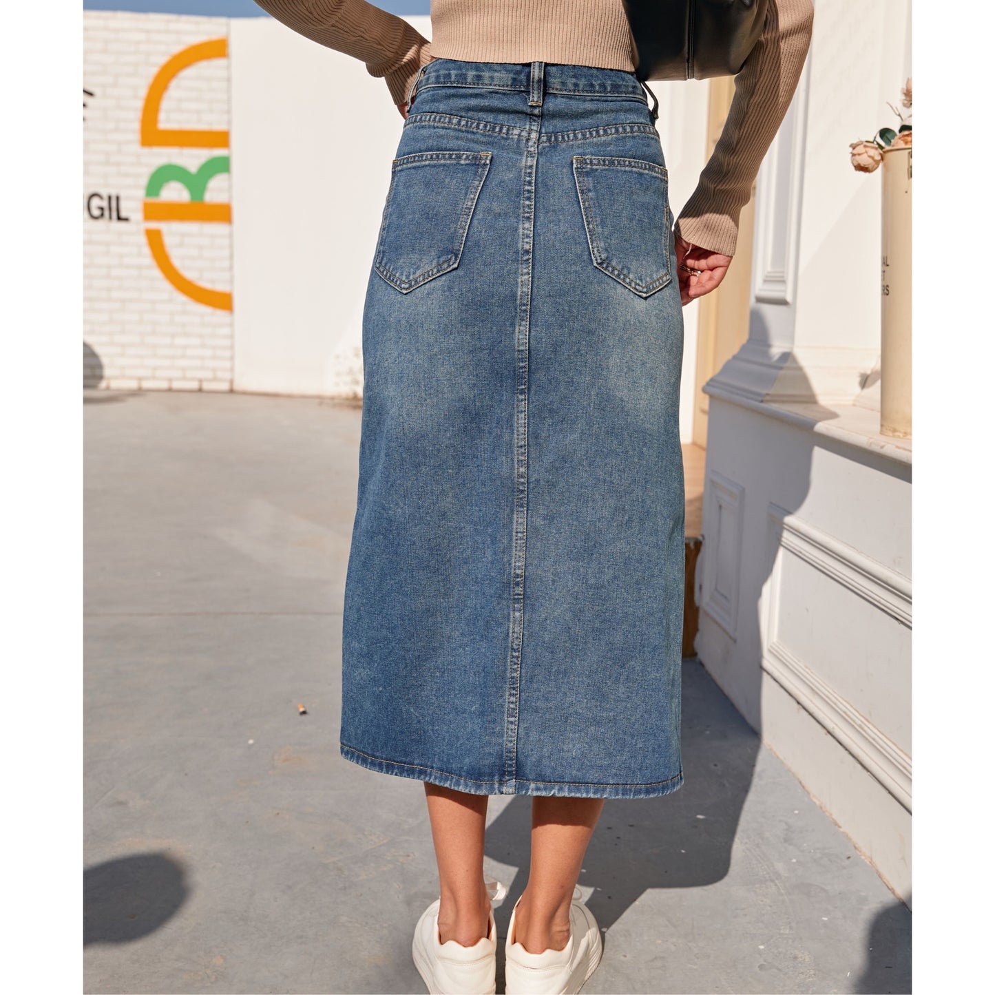 New Vintage High Waist Denim Skirt Long Straight Pencil Style