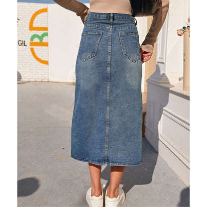 New Vintage High Waist Denim Skirt Long Straight Pencil Style