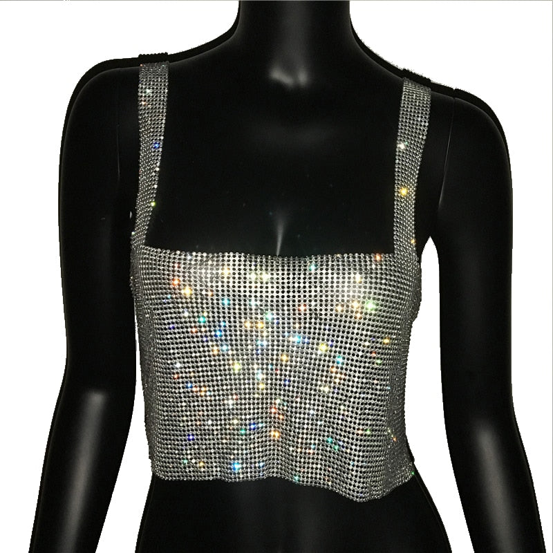 Bling Rhinestones Party Crop Top Sequin Cami for Women