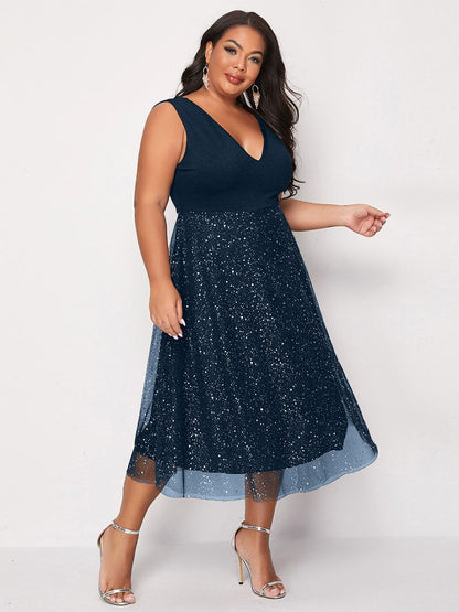 Elegant Plus Size Midi Dress Blue Chiffon for Summer/Autumn Events