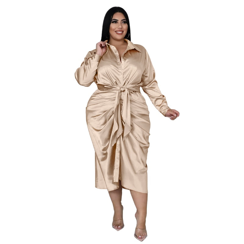 Elegant Satin Shirt Dress Plus Size Midi Dress for Evening Parties