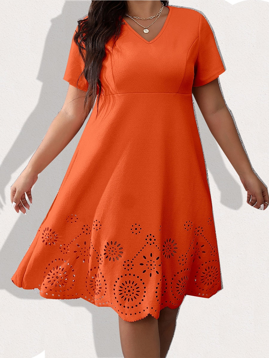 Laser Cut Scallop Trim Midi Dress Elegant Plus Size Party Dress