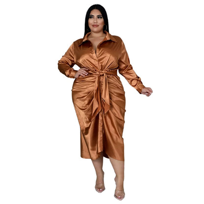 Elegant Satin Shirt Dress Plus Size Midi Dress for Evening Parties