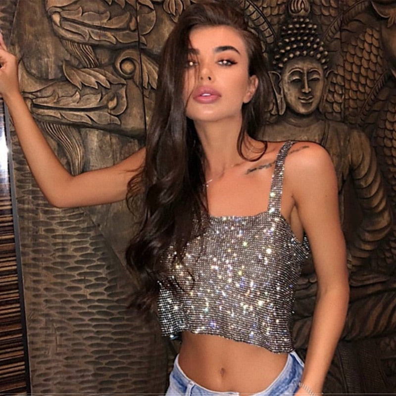 Bling Rhinestones Party Crop Top Sequin Cami for Women