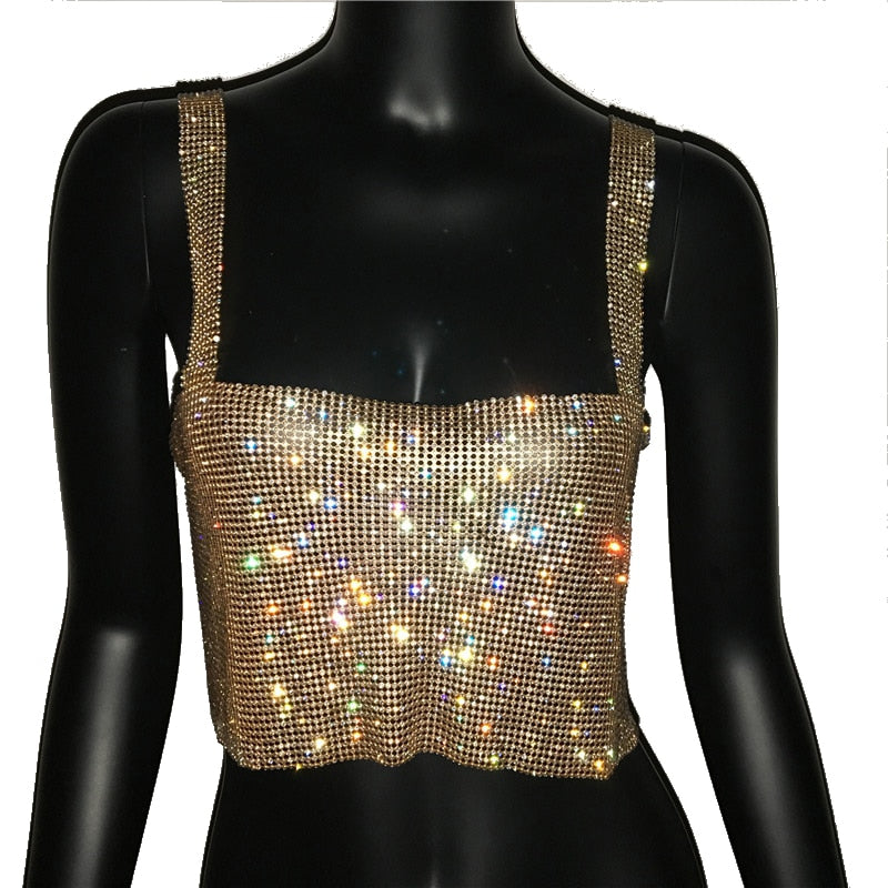 Bling Rhinestones Party Crop Top Sequin Cami for Women