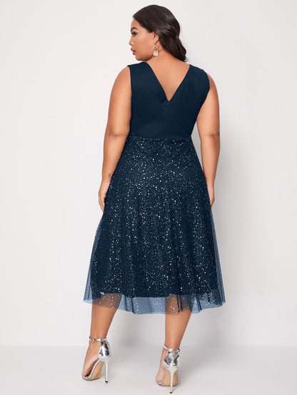 Elegant Plus Size Midi Dress Blue Chiffon for Summer/Autumn Events