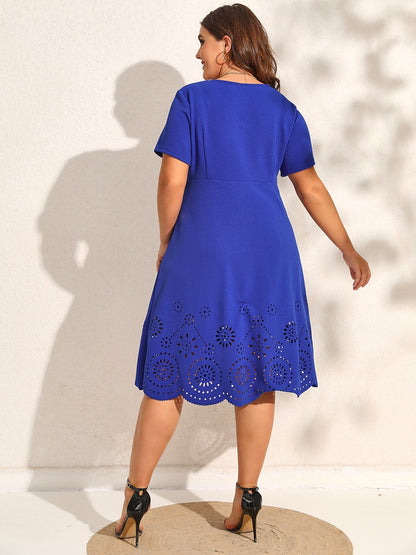 Laser Cut Scallop Trim Midi Dress Elegant Plus Size Party Dress