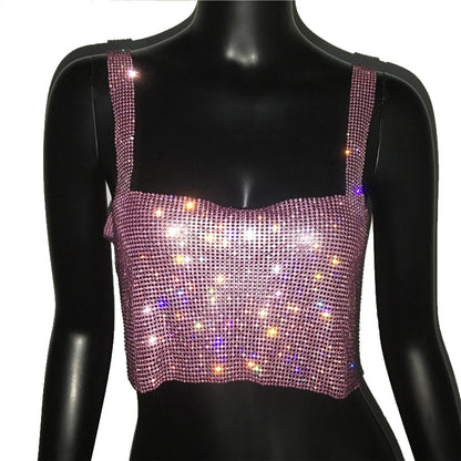 Bling Rhinestones Party Crop Top Sequin Cami for Women