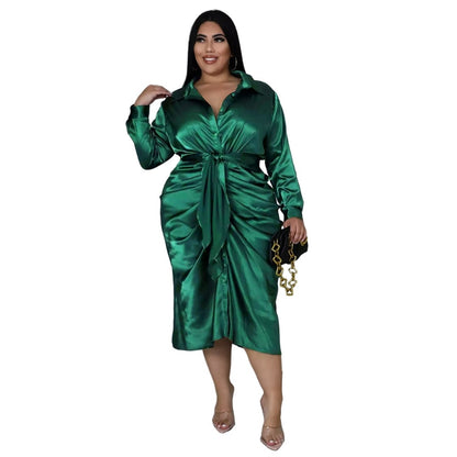 Elegant Satin Shirt Dress Plus Size Midi Dress for Evening Parties