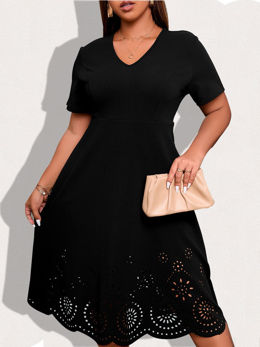 Laser Cut Scallop Trim Midi Dress Elegant Plus Size Party Dress