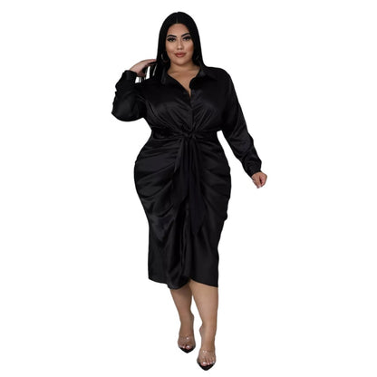 Elegant Satin Shirt Dress Plus Size Midi Dress for Evening Parties