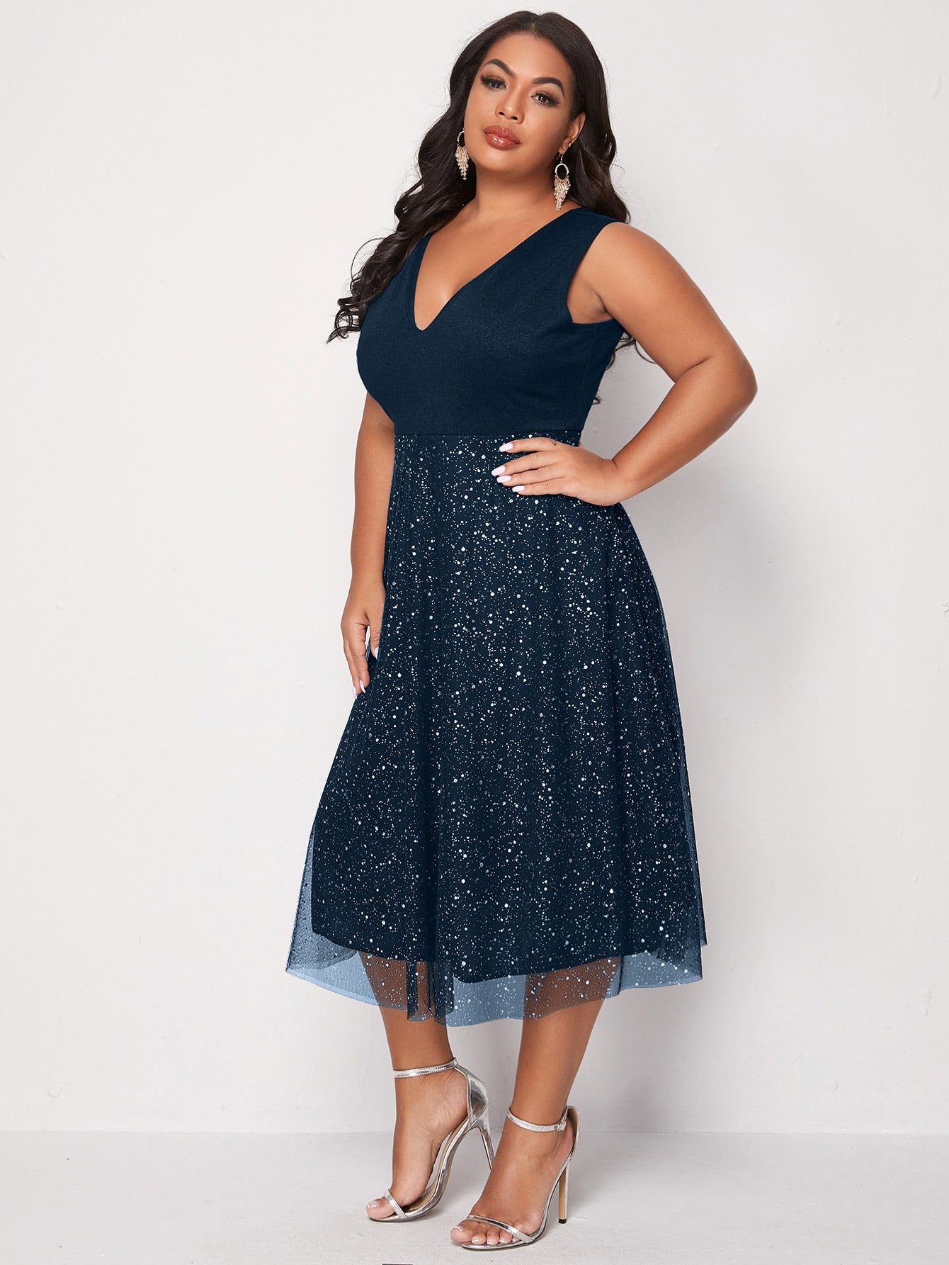 Elegant Plus Size Midi Dress Blue Chiffon for Summer/Autumn Events