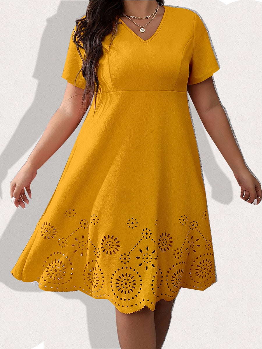 Laser Cut Scallop Trim Midi Dress Elegant Plus Size Party Dress