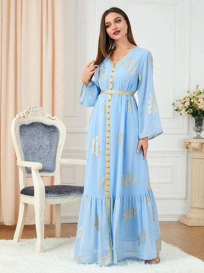 Dubai Printed Abaya Long Sleeve V-Neck Kaftan Dress with Belt
