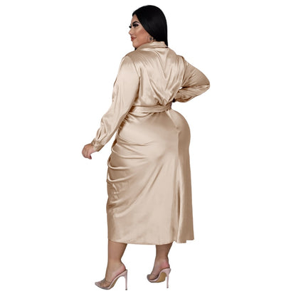 Elegant Satin Shirt Dress Plus Size Midi Dress for Evening Parties