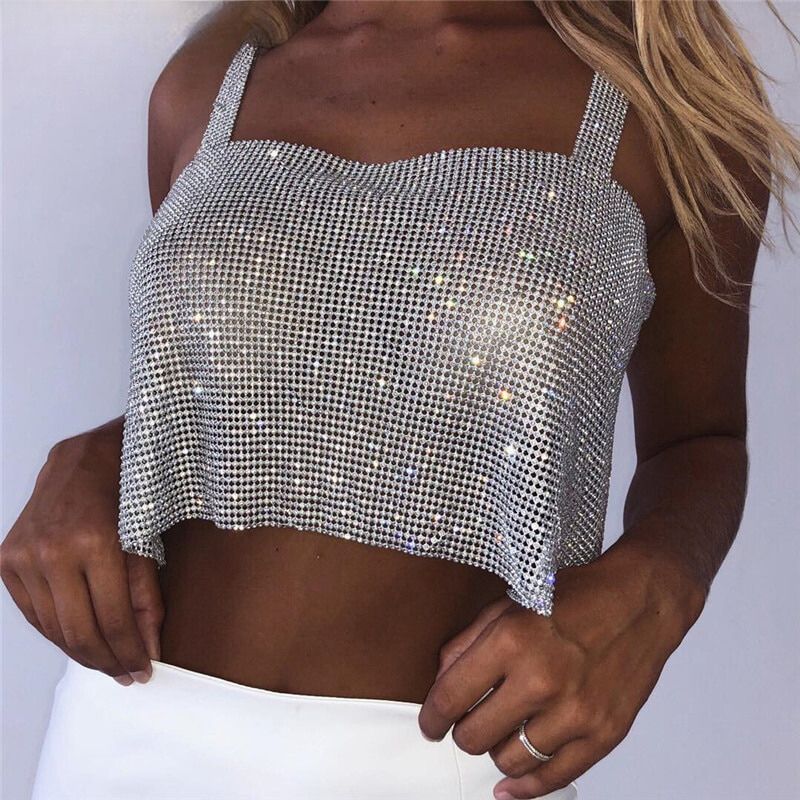 Bling Rhinestones Party Crop Top Sequin Cami for Women - Bling Rhinestones Party Crop Top Sequin Cami for Women