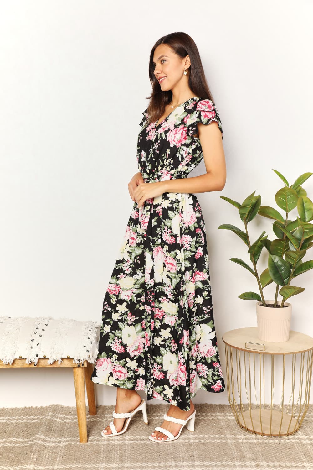 Double Take Floral Flutter Sleeve Tie-Waist Split Dress